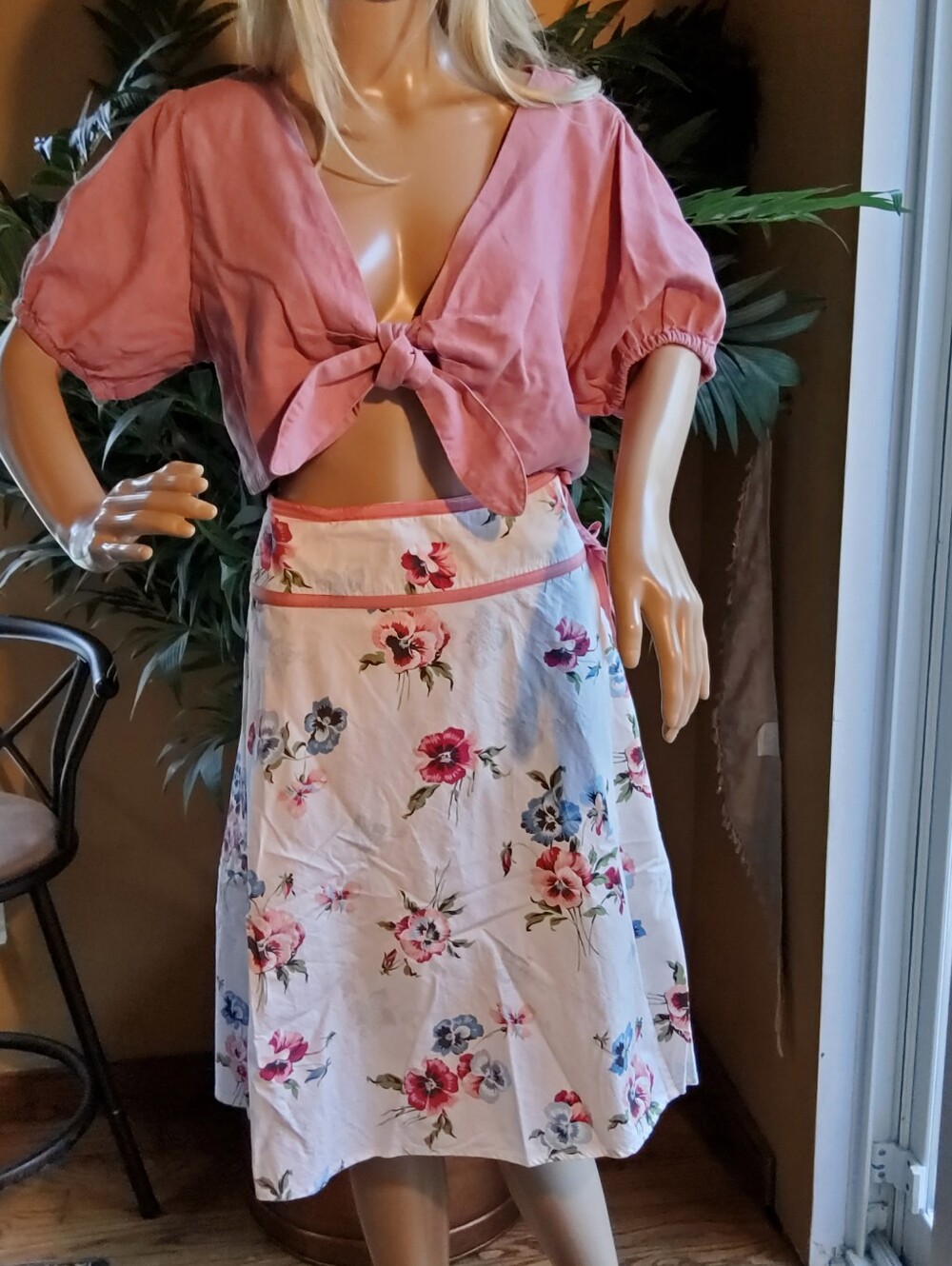 Anthropologie Elevenses Floral A-Line Wrap Skirt in White and Pink